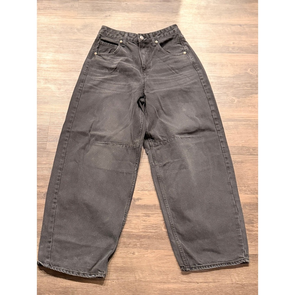SONG Womens High Waisted Wide Leg Baggy Jeans Faded Black Size 9/29 Cinch Back